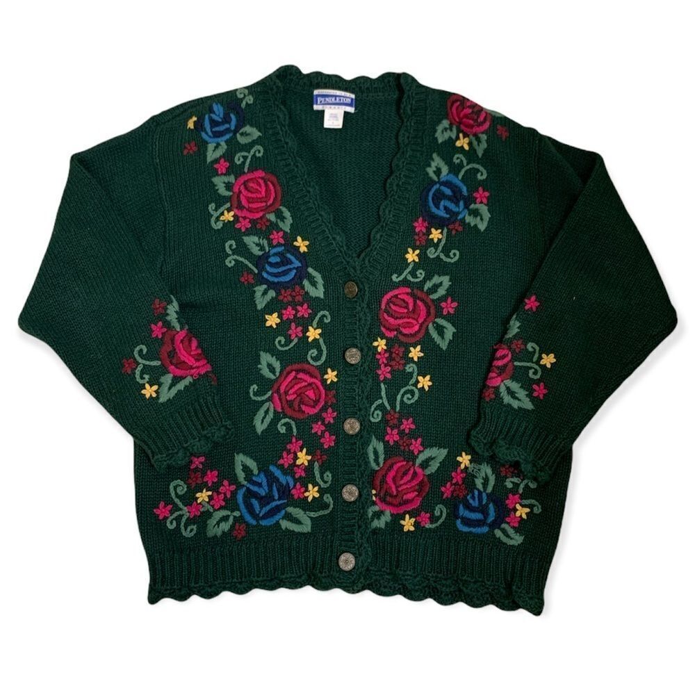Pendleton Vintage Green Embroidered Floral Sweater Large